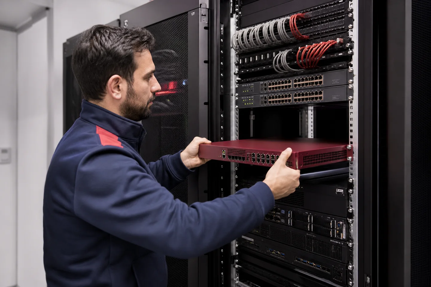 Sunucu kabinine kurumsal firewall cihazı yerleştiren MTE teknik uzmanı