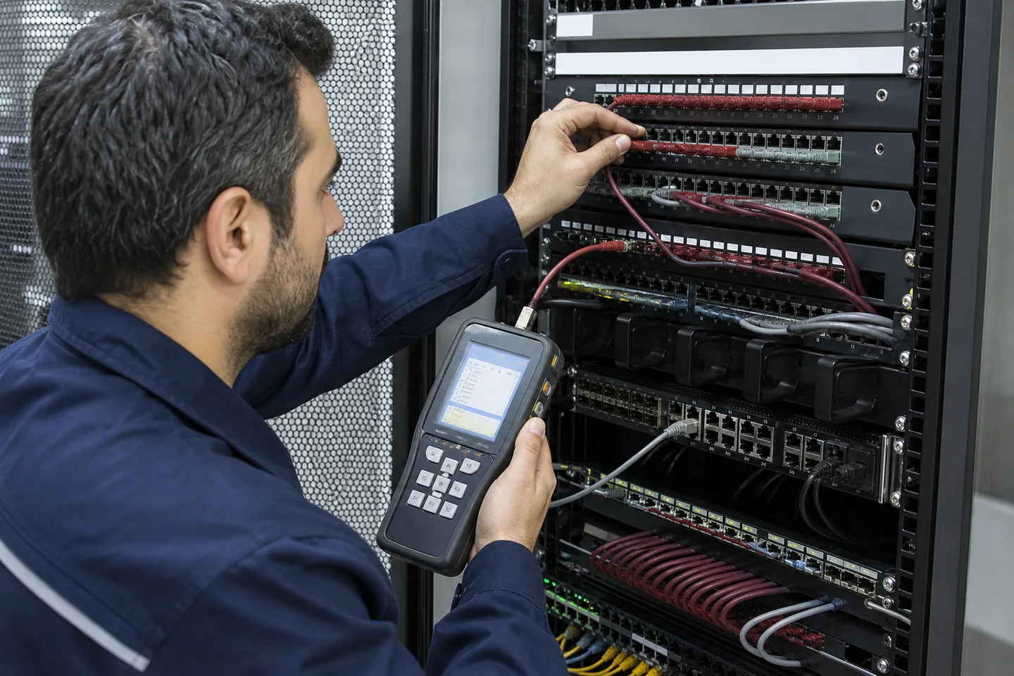 Network kabininde patch panel ve kablo testi yapan MTE teknik uzmanı