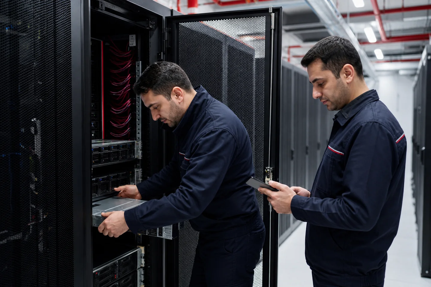 Veri merkezinde rack sunucu kurulumu yapan MTE teknik ekibi